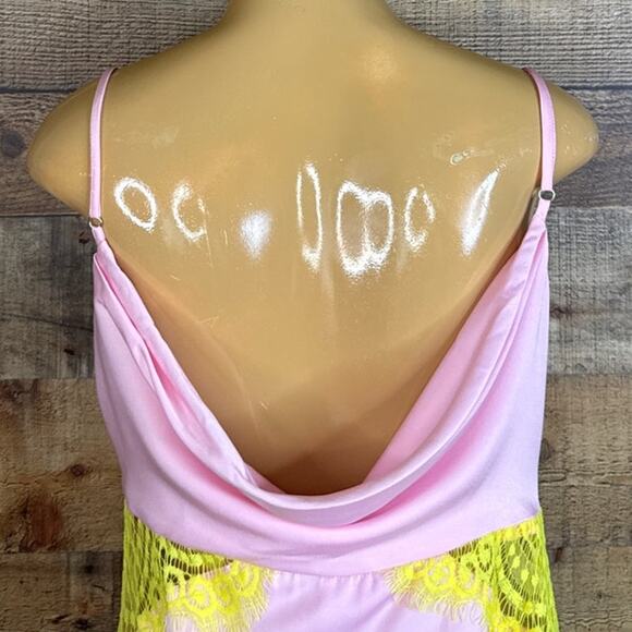 Fore Pink Sleeveless Dress Draped Neck Yellow Eyelash Lace Size Large - Picture 5 of 9